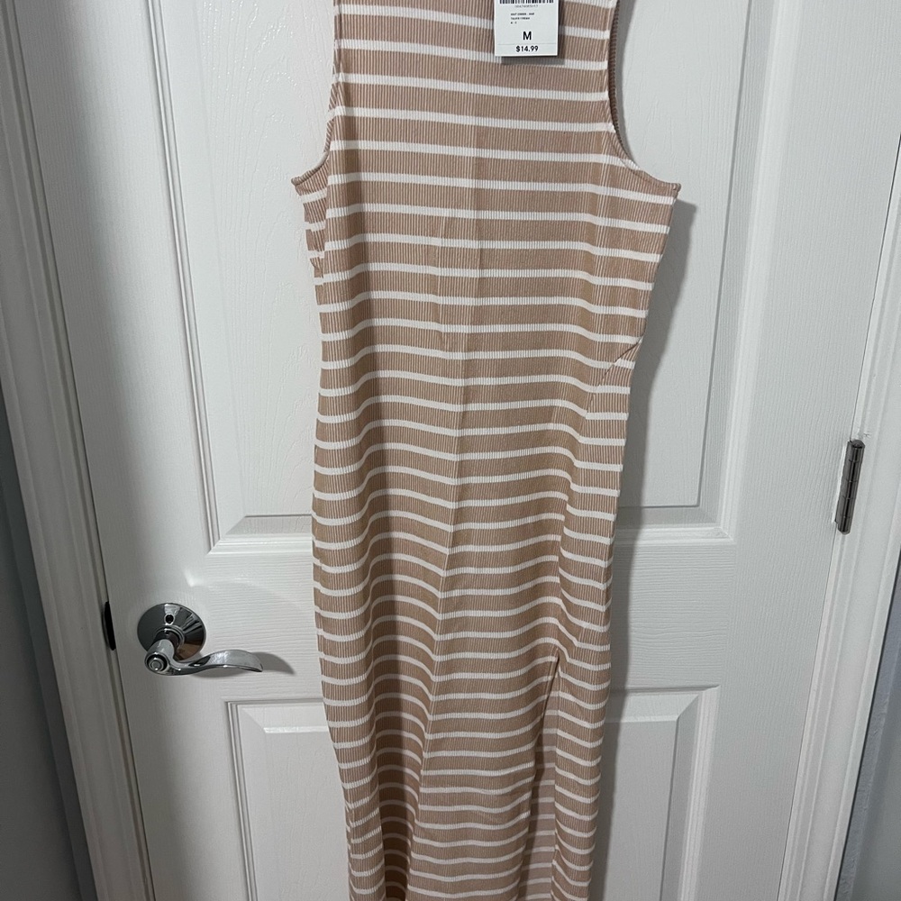 Forever 21 Tan and White Striped Midi Dress